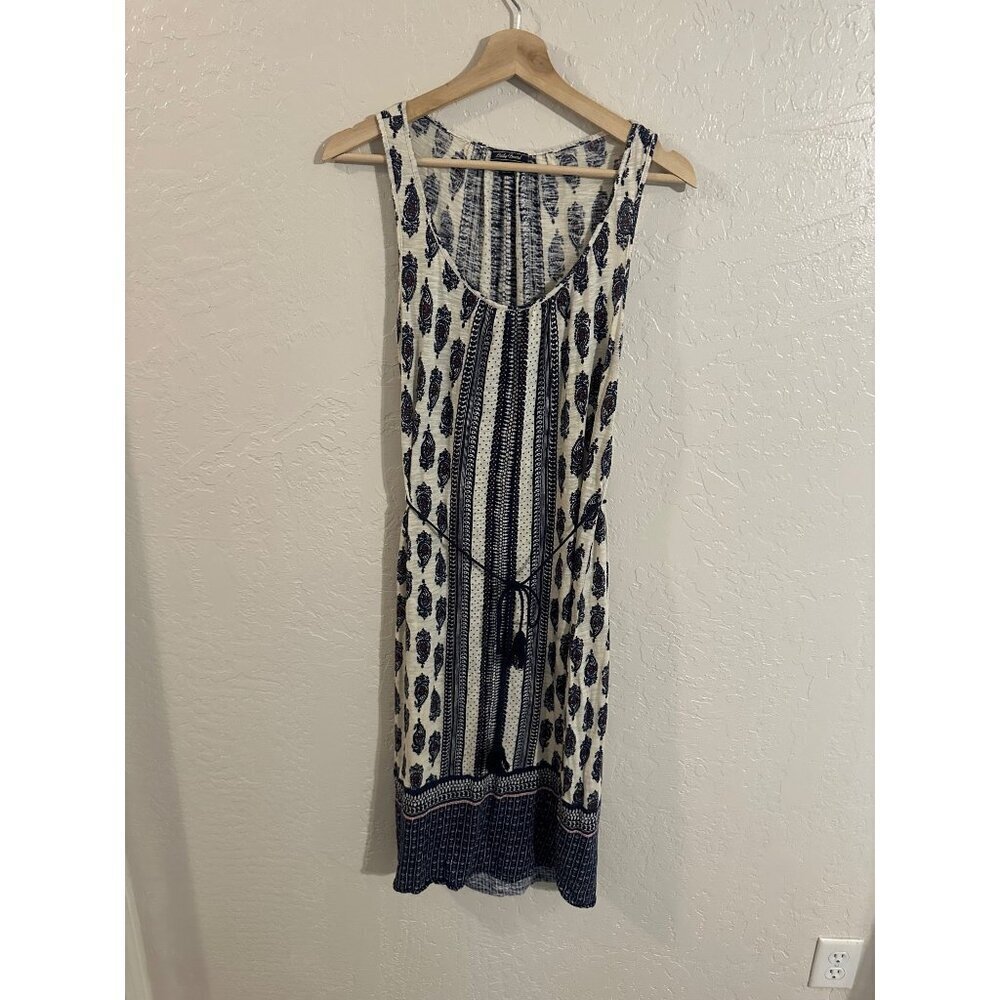 Y Lucky Brand Cream & Blue Bohemian Free People Style Tassled Paisley Maxi Dress